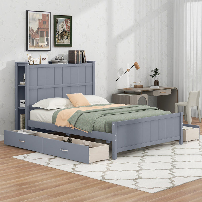 Full Size Platform Bed with Drawers and Storage Shelves, Gray