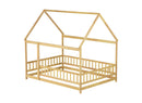 Full Size House Floor Wooden Bed with Roof Frame, Safety Guardrails,Natural