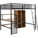 Full Size Metal Loft bed with Built-in Desk, Wardrobeand Shelves, Black(ETA:1.23)
