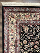 Pak Persian Rug 9x12, Floral Allover, Hand Knotted Oriental Carpet 9 x 12 ft, Black and Cream, Detailed, Wool with Silk Highlights, Vintage