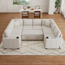 Convertible U-shaped Sectional Sofa with Pull-out Bed, Beige Chenille, 107.1'