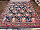 Persian Bidjar Rug 8x11, Floral Bouquets, Blue Black Red Pink, Handmade Hand Knotted Vintage Semi Antique Oriental Carpet
