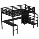 Queen Size Loft Bed with L-shaped Desk and USB, Metal Loft Bed with Wardrobe and Adjustable Shelf, High Loft Bed with LED for Kids Teens Adults, Black
