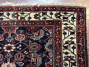 Navy Blue Antique Persian Rug 3x6, Blue and Ivory Persian Carpet, Handmade 1920s Hamadan Rug