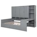 Full Size Wooden Daybed With Three Drawers, and All-in-One Cabinet, Desk and Shelves, Gray