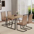 Table and chair set.A minimalist retro rectangular dining table with a textured top and black metal legs.Paired With 4 Brown technology fabric chairs with Featuring arched black legs.