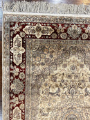 Silk Indian Kashmiri Rug 4x6 ft, Floral Medallion Hand Knotted Handmade Oriental Carpet, Vintage, Cream Burgundy, Very Fine Silk Rug 4 x 6