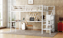Full Size Loft Bed with L-shaped Desk and USB, Metal Loft Bed with Wardrobe and Adjustable Shelf, High Loft Bed with LED for Kids Teens Adults, White