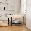 Modern Upholstered Round Ottoman Coffee Table with Storage Shelf and Black Metal Legs, Beige Faux Fur