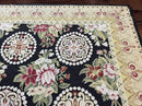 9x12 Black Needlepoint Rug, European Floral Panel Design, Handwoven, Vintage Chinese Needlepoint, Black Green Beige, Wool Rug 9 x 12
