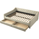 Full Size Daybed with Drawers Upholstered Tufted Sofa Bed, with Button on Back and Piping on Waved Shape Arms-Beige