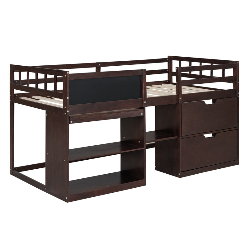 Twin Size Low Loft Bed with Rolling Desk, Shelf and Drawers - Espresso