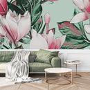 Voguish Green Wallpaper with Pink Flowers