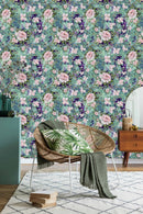 Pink Roses on Green Wallpaper