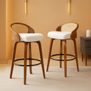 Set Of Two 25 Inch Beige Rattan Swivel Counter Stools With Linen Upholstery Mid Century Modern