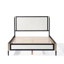 Full size Bed with White Boucle fabric Headboard,Champagne Silver+Black Frame