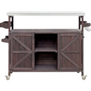 Outdoor Kitchen Island, Rolling Bar Cart & Storage Cabinet, Farmhouse Solid Wood Outdoor Grill Table with Stainless Steel Top, Spice Rack, Towel Rack for Kitchen & Barbecue, Dark Brown