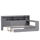 Wooden Full Size Daybed with Storage Shelves, Multi-functional Bed with Twin Size Trundle Bed and  Study Desk,Gray