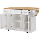 K&K 54inch Large Kitchen Island with Rubber Wood Drop Leaf, Embossed Texture Rolling Kitchen Cart on 4 Wheels with 4 Doors and 3 Drawers, Kitchen Island with Storage for Kitchen, Dining Room,White