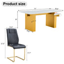 Table and chair set.Large modern rectangular table with 0.4 inch patterned glass tabletop and large MDF table legs.Comes with 8 chairs with faux leather cushioned seats and golden metal legs.