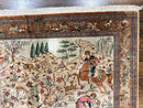 Silk Persian Qum Rug 3x5, Hunting Pattern, Handmade Vintage Carpet, Signed by Master Weaver, Horsemen Pictorials, Super Fine 650 KPSI