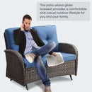 6 Piece Patio Conversation Set Brown Wicker Blue Cushions