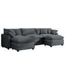 Modern Oversized Modular Cushion Sofa with Ottoman, Grey Corduroy L-Shaped Low Back Deep Seating Sofa Set