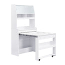 TOPMAX Compact 33.5x15.7x69inch Buffet with Hutch and Foldable Dining Table, Multifunctional Cupboard with Storage Shelf and Side Hooks for Small Places,Studio, Apartment, Marble White