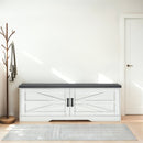 2 Tier Shoe Bench with Padded Seat, 2 Barn Doors and Adjustable Shelves, for Entryway and Living Room, White MDF