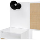 Queen Size Solid Wood Bed Frame with 2 Nightstands, Elegant Design with Lamps, Rattan and Wood Combination,White