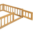Wooden Floor Bed with Fence Railings and Detachable House Shape Headboard, Twin Size Bed with Kids Dress Up Rack, Kids Montessori Style Playhouse Frame for Girls Boys, Natural