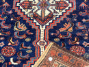 Antique Persian Hamadan Rug 4x6, Geometric, Double Medallions, Navy Blue, Tribal Carpet