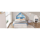 Full Size House-Shaped Bed with Bookcase Headboard and Led Light and Twin Size Trundle for Kids Boys Girls, Blue+ White