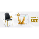 Table and chair set.Luxurious Snow Mountain White Slab Round Dining Table Set - 47'x47' with 4 Black PU Chairs with Simple Line Designs On The Backrest .Golden Metal Legs.