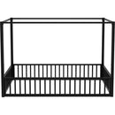 Full Size Floor Bed Frame with Wardrobe, Metal floor Bed with Storage Shelves, Black