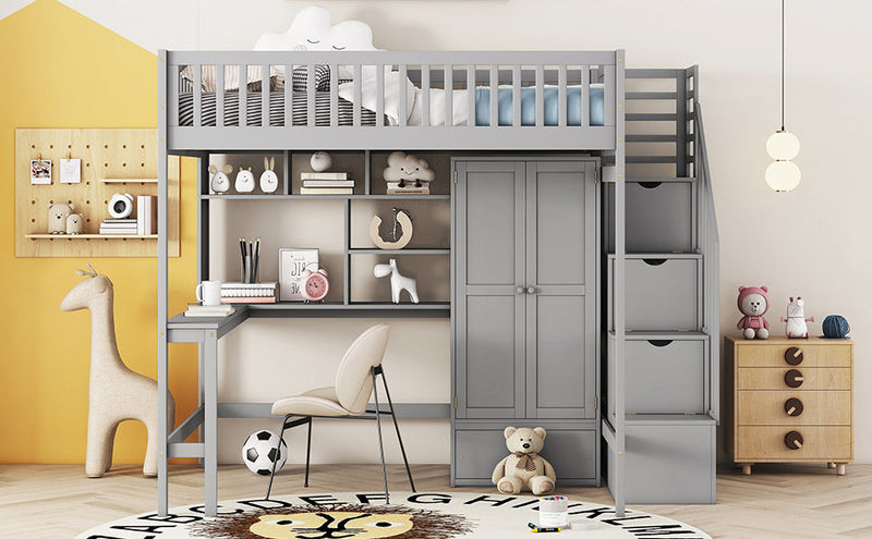 Full size Loft Bed with Bookshelf,Drawers,Desk,and Wardrobe-Gray