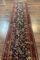 Indo Persian Runner Rug 2.7 x 13, Navy Blue and Red, Allover Floral, Wool, 13ft Runner