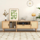 Rattan TV Stand with 2 Cabinets & 2 Open Shelves, Rattan-inspired Media Console Table for TVs up to 80", Entertainment Center with Solid Wood Legs, TV cabinet for Living room, Bedroom, Home Theatre