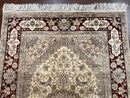 Silk Indian Kashmiri Rug 4x6 ft, Floral Medallion Hand Knotted Handmade Oriental Carpet, Vintage, Cream Burgundy, Very Fine Silk Rug 4 x 6