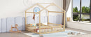 Double Twin House-Style Floor Bed with Fence, Guardrails, without door, Natural(Old Sku:W504P143318)