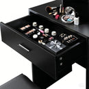Vanity Desk with Mirror and Lights, Makeup Vanity with Drawer & Storage Cabinet, 3 Adjustable Lighting Colors, Makeup Desk with Open Shelves for Bedroom, Dressing Room, Black