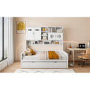 Full Size Wooden Daybed With Twin Size Trundle, and All-in-One Cabinet and Shelf, White