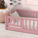 Twin size Floor Platform Bed with Fence and Door ,Pink