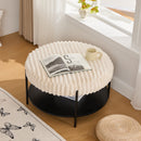 Modern Upholstered Round Ottoman Coffee Table with Storage Shelf and Black Metal Legs, Beige Faux Fur