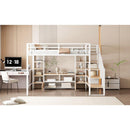 Full Size Metal Loft Bed with Staircase,Low Storage Table and Storage Shelves,White