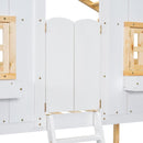 Twin over Twin House Bunk Bed with Roof, Window, Window Box, Door, with Safety Guardrails and Ladder, Natural/White