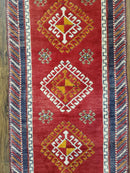 Vintage Turkish Kazak Rug 2.5 x 5 Red Wool Carpet Medallions Runner Geometric