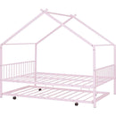 Full Size Metal House Bed with Twin Size Trundle, Pink