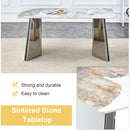 Table and chair set.63'x31.5x30' Luxurious Pandora patterned Sintered Stone Tabletop with Silver Stainless Steel Legs.Paried With 4 White PU Chairs with a vertical stripe design on the backrest.