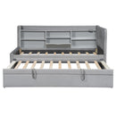 Twin Size Upholstered Daybed with Trundle, Storage Shelves, USB & Outlet (Gray)
